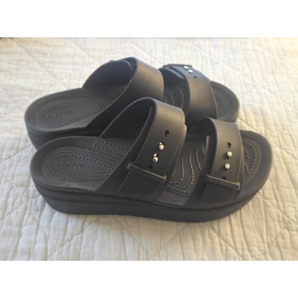Crocs Womens Brooklyn Buckle Black Double Strap Wedge Slide Sandals Size 6 heel - Picture 15 of 15